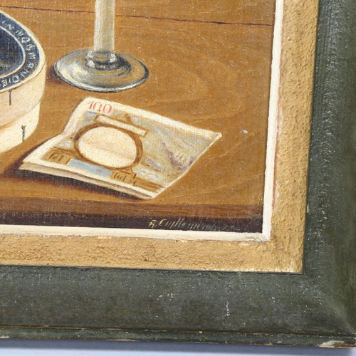 518 - Mid-20th century French School, still life study, oil on wood panel, indistinctly signed, further in... 