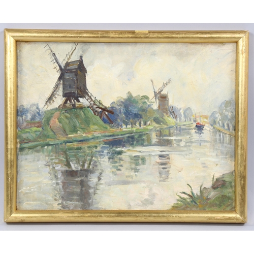 519 - Mid-20th century oil on board, canal scene, unsigned, 13cm x 17cm, framed