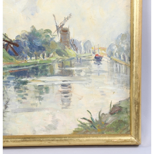 519 - Mid-20th century oil on board, canal scene, unsigned, 13cm x 17cm, framed