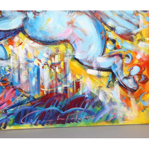 521 - Charlotte Baynes (contemporary), large scale carnival study, oil on canvas, signed, 73cm x 195cm, un... 