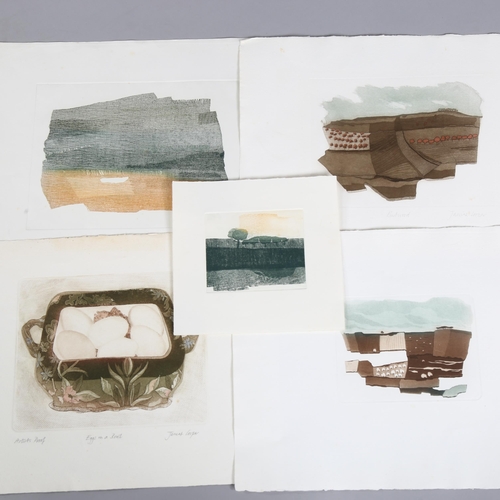 523 - J Cooper, folder of coloured etchings, stylised farm landscapes, 5 signed in pencil (13)