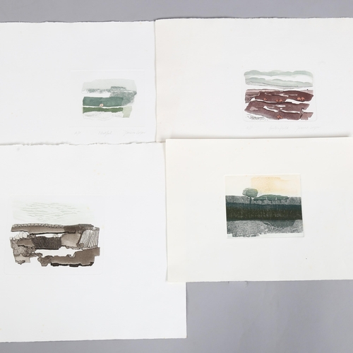 523 - J Cooper, folder of coloured etchings, stylised farm landscapes, 5 signed in pencil (13)