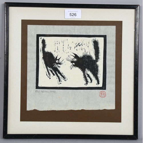 526 - Rod Nelson, angry cats 1992, woodblock print on handmade paper, signed in pencil, sheet size 19cm x ... 