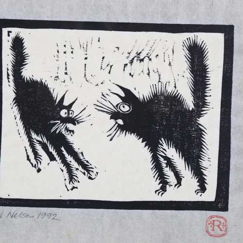 526 - Rod Nelson, angry cats 1992, woodblock print on handmade paper, signed in pencil, sheet size 19cm x ... 