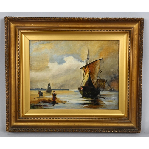 528 - English School oil on canvas, circa 1900, beached boats at the shore, unsigned with indistinct inscr... 