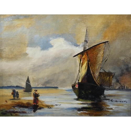 528 - English School oil on canvas, circa 1900, beached boats at the shore, unsigned with indistinct inscr... 