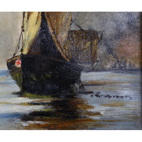 528 - English School oil on canvas, circa 1900, beached boats at the shore, unsigned with indistinct inscr... 