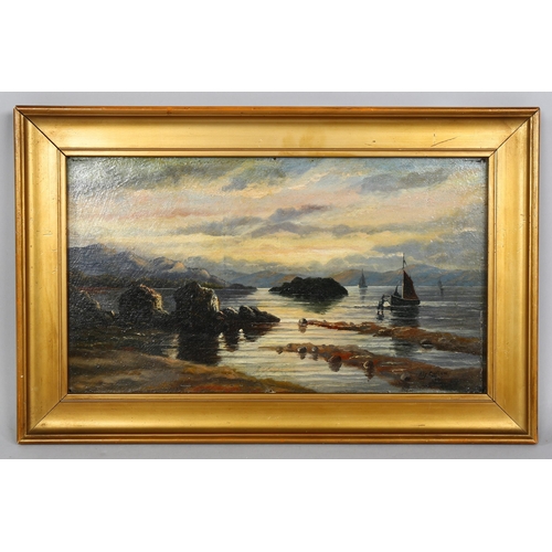 529 - Alfred Carlow, boats on a lake at dusk, oil on board, signed and dated 1895, 20cm x 35cm, framed