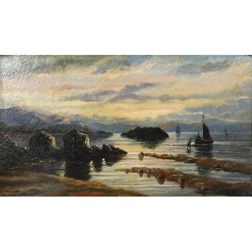 529 - Alfred Carlow, boats on a lake at dusk, oil on board, signed and dated 1895, 20cm x 35cm, framed