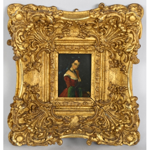 530 - 19th century miniature oil on board, 3/4 length portrait of a woman, unsigned, original ornate gilt ... 