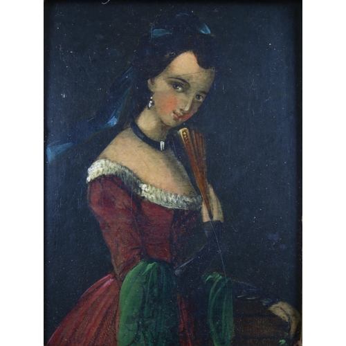 530 - 19th century miniature oil on board, 3/4 length portrait of a woman, unsigned, original ornate gilt ... 