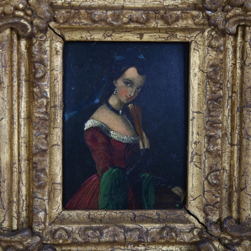 530 - 19th century miniature oil on board, 3/4 length portrait of a woman, unsigned, original ornate gilt ... 