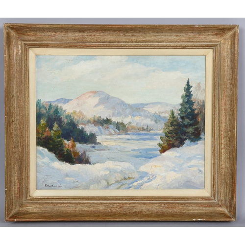 533 - Ethel Lindsay (Canadian), extensive snow-covered mountain landscape, oil on board, signed with artis... 