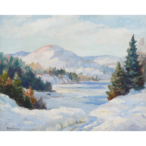 533 - Ethel Lindsay (Canadian), extensive snow-covered mountain landscape, oil on board, signed with artis... 