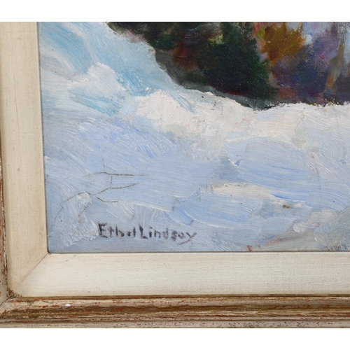 533 - Ethel Lindsay (Canadian), extensive snow-covered mountain landscape, oil on board, signed with artis... 