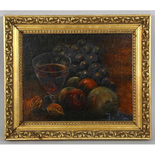 535 - Oil on board, still life fruit and wine, indistinctly signed, 22cm x 27cm, framed