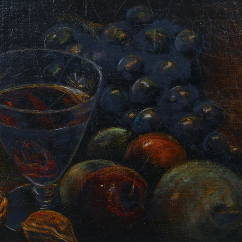 535 - Oil on board, still life fruit and wine, indistinctly signed, 22cm x 27cm, framed