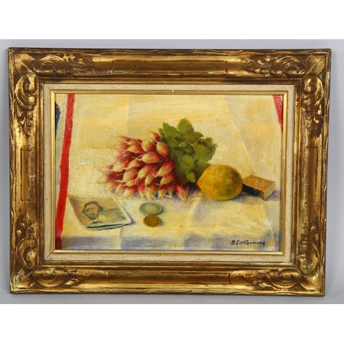 536 - French School, still life, oil on board, indistinctly signed, dated 1959 verso, 21cm x 31cm, framed