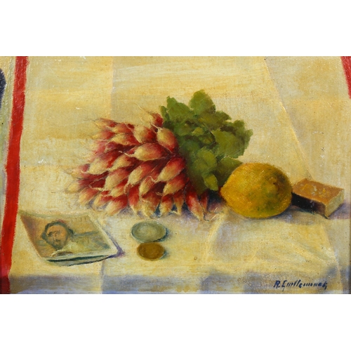 536 - French School, still life, oil on board, indistinctly signed, dated 1959 verso, 21cm x 31cm, framed