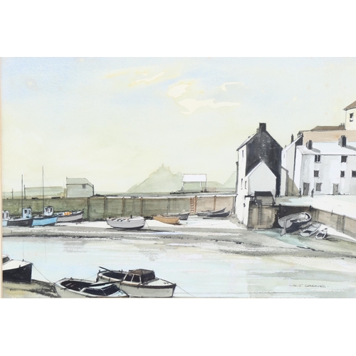 537 - N J Greaves, harbour scene at low tide, watercolour, signed, 27cm x 40cm, framed