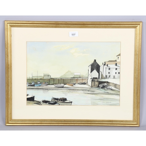 537 - N J Greaves, harbour scene at low tide, watercolour, signed, 27cm x 40cm, framed