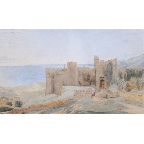 541 - Circle of William Turner, Manorbier Castle, 19th century watercolour, unsigned, 20cm x 34cm, framed