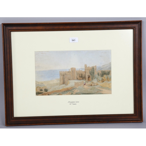 541 - Circle of William Turner, Manorbier Castle, 19th century watercolour, unsigned, 20cm x 34cm, framed