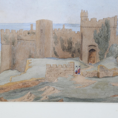 541 - Circle of William Turner, Manorbier Castle, 19th century watercolour, unsigned, 20cm x 34cm, framed