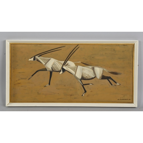 542 - A Oxenham, running antelope, oil on board, signed and dated '68, 28cm x 61cm, framed