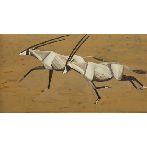 542 - A Oxenham, running antelope, oil on board, signed and dated '68, 28cm x 61cm, framed