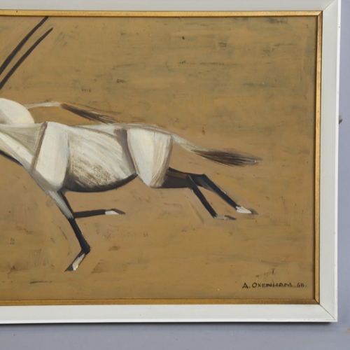 542 - A Oxenham, running antelope, oil on board, signed and dated '68, 28cm x 61cm, framed