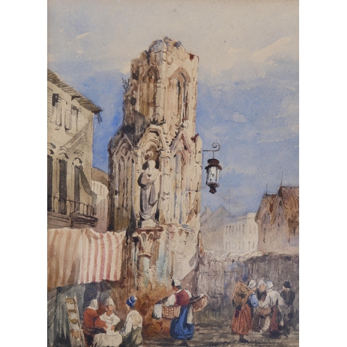 547 - Circle of Samuel Prout, Continental street scene, watercolour, unsigned, 20cm x 14cm, framed