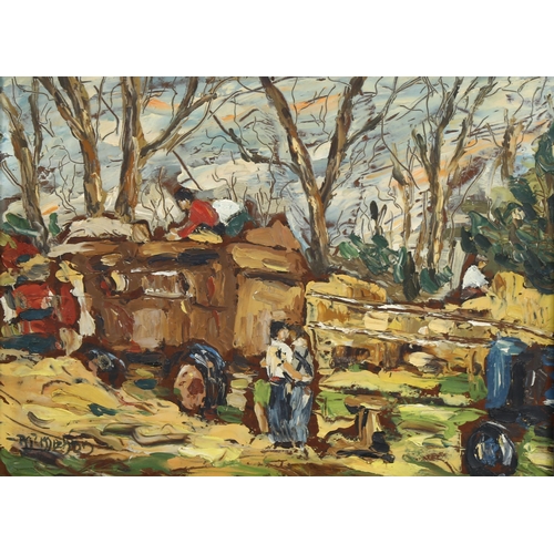 551 - Mid-20th century British School, farm harvest scene, impasto oil on board, indistinctly signed, 30cm... 