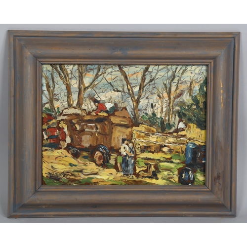 551 - Mid-20th century British School, farm harvest scene, impasto oil on board, indistinctly signed, 30cm... 