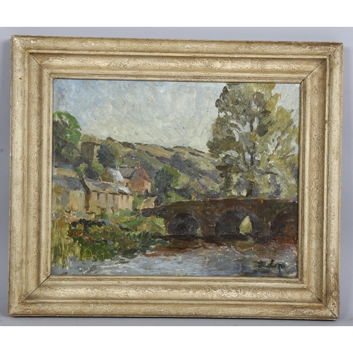 552 - Ronald Ossory Dunlop (1894 - 1973), stone bridge over a river, oil on board, signed, 40cm x 50cm, fr... 