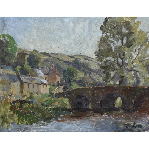 552 - Ronald Ossory Dunlop (1894 - 1973), stone bridge over a river, oil on board, signed, 40cm x 50cm, fr... 