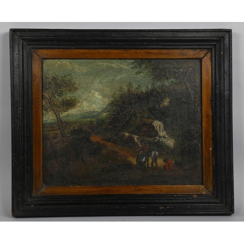 553 - 18th/19th century oil on canvas, travellers on a country road, unsigned, 40cm x 50cm, framed