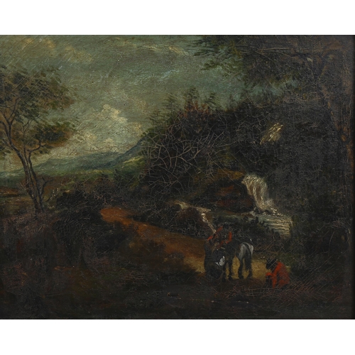 553 - 18th/19th century oil on canvas, travellers on a country road, unsigned, 40cm x 50cm, framed