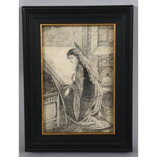 557 - Pre-Raphaelite School, study of a kneeling girl, pen and ink on paper, unsigned, 21cm x 14cm, framed... 