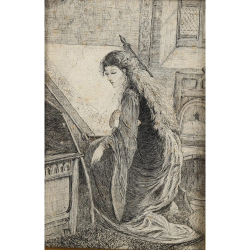 557 - Pre-Raphaelite School, study of a kneeling girl, pen and ink on paper, unsigned, 21cm x 14cm, framed... 