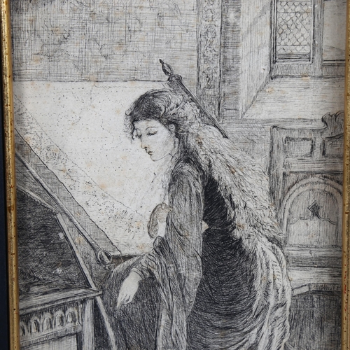 557 - Pre-Raphaelite School, study of a kneeling girl, pen and ink on paper, unsigned, 21cm x 14cm, framed... 