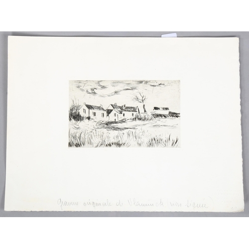 563 - Maurice De Valaminck (1876 - 1958), village buildings, original etching, official blind stamp J Frap... 