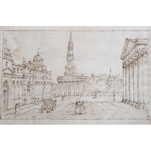 565 - Italian School, pen and ink drawing, a city square, unsigned, image 18cm x 29cm, unframed