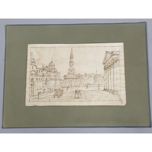 565 - Italian School, pen and ink drawing, a city square, unsigned, image 18cm x 29cm, unframed