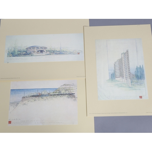 566 - Frank Lloyd Wright, 3 architectural elevation studies, lithographs published 1973, image 17cm x 45cm... 