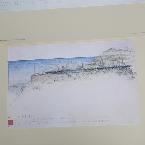 566 - Frank Lloyd Wright, 3 architectural elevation studies, lithographs published 1973, image 17cm x 45cm... 