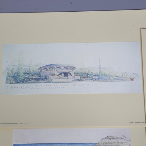 566 - Frank Lloyd Wright, 3 architectural elevation studies, lithographs published 1973, image 17cm x 45cm... 