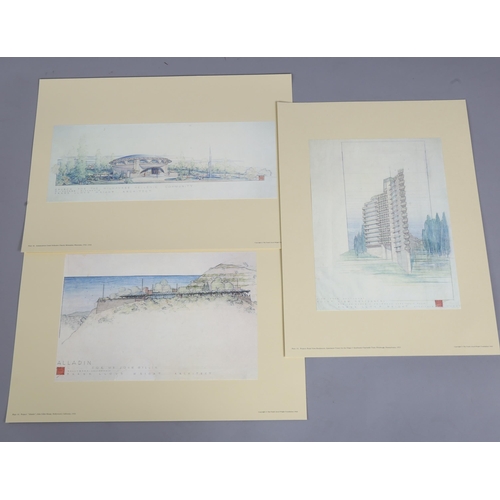 566 - Frank Lloyd Wright, 3 architectural elevation studies, lithographs published 1973, image 17cm x 45cm... 