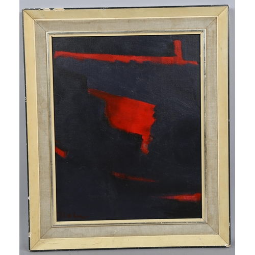 568 - A mid-20th century blue/black abstract, oil on board, unsigned, 50cm x 39cm, framed