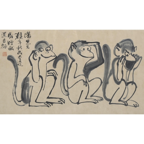 569 - 20th century Chinese School, study of 3 monkeys, colour print, image 35cm x 61cm, framed